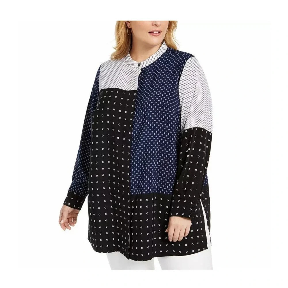 Alfani Black Blue Patchwork Button Down Tunic Top… - image 1